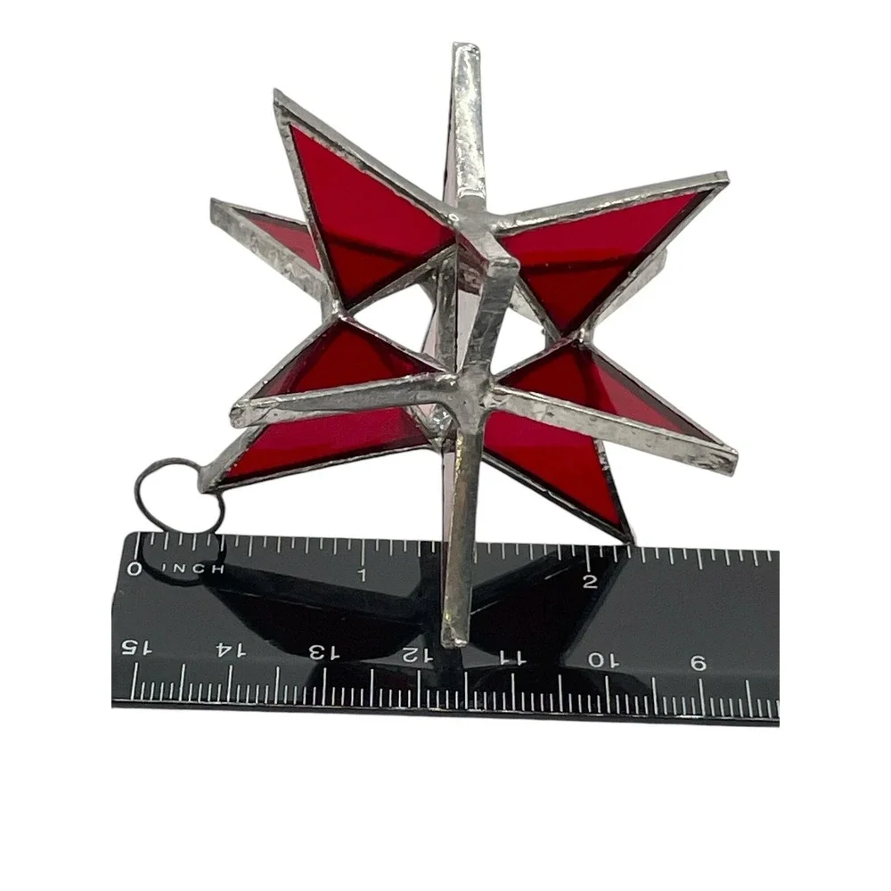 Vintage‎ Moravian 12 Point Star Red Leaded Stained Glass Sun Catcher Ornament